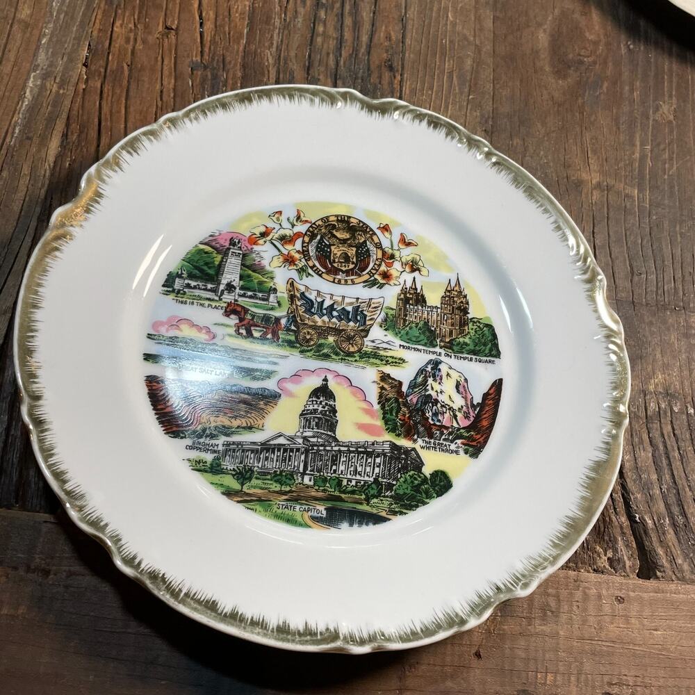 State Of Utah Souvenir Plate Porcelain Gold Trim Norleans Japan Vintage 9 Inch